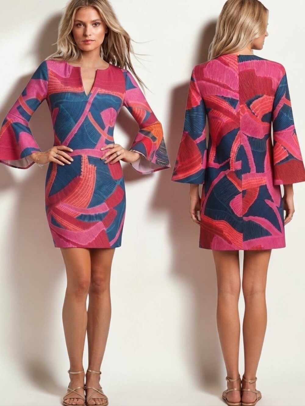 TRINA TURK Pali Abstract Print V-Neck Bell Sleeve Mini Dress - Size M
